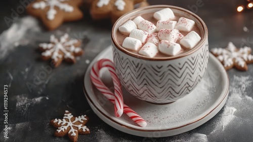 Hot chocolate with marshmallows and candy cane, surrounded by gingerbread cookies.
