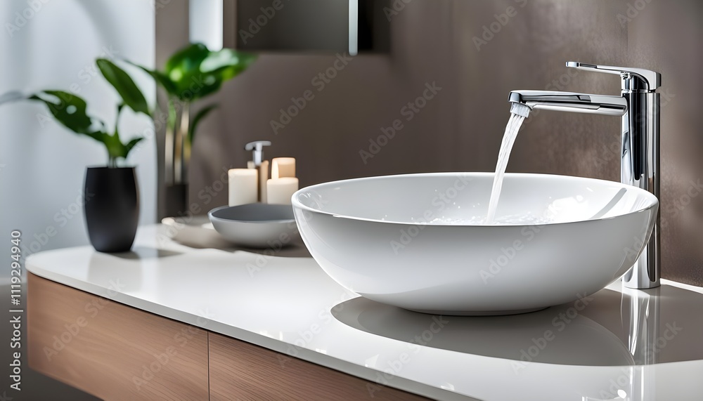 Interior of bathroom with sink basin faucet. Open chrome faucet washbasin. Modern design of bathroom
Interior of bathroom with sink basin faucet. Open chrome faucet washbasin. Modern design of bathroom