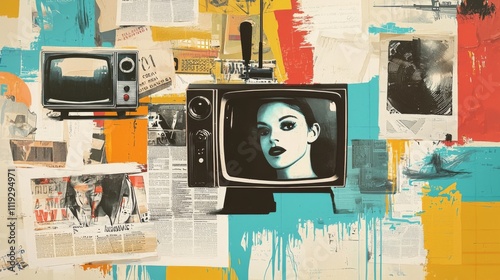 Vibrant Retro Television Collage Artwork Merging Cultural Icons and Vintage Media in a Dynamic Abstract Composition photo