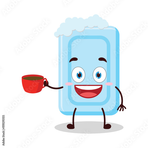 cute cheerful expression of soap cartoon character carry cup of coffee