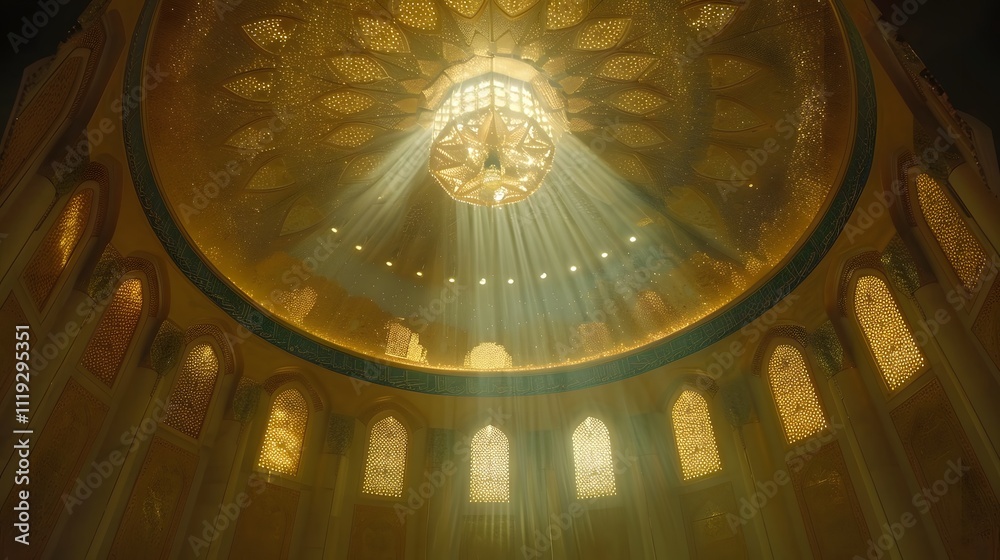 Obraz premium Sunbeams illuminate ornate dome and chandelier.