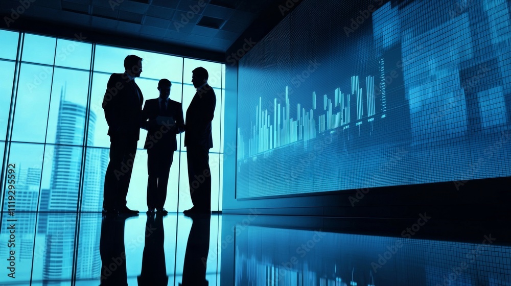Dynamic Corporate Meeting in Modern Office: Silhouette of Executives in Strategic Discussion with Innovative Blue Graphs and Charts Reflecting Financial Growth and Market Planning Dynamic Corporate Meeting in Modern Office: Silhouette of Executives in Strategic Discussion with Innovative Blue Graphs and Charts Reflecting Financial Growth and Market Planning
