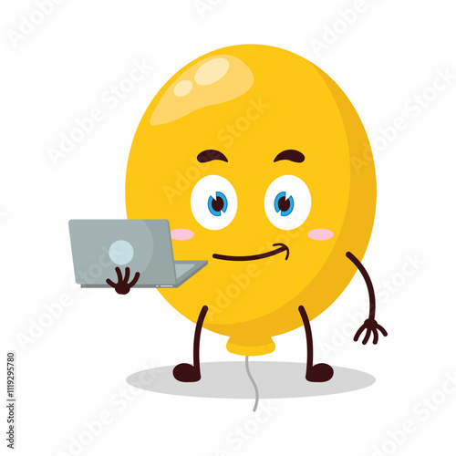 cute success business expression of yellow balloon cartoon character carry laptops