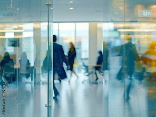 Blurry Office Interior with Glass Walls