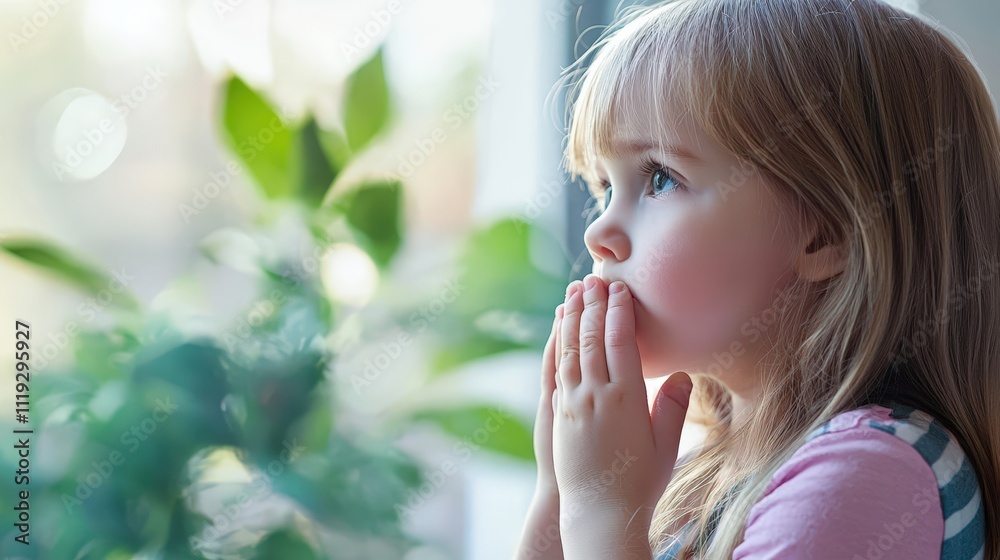 Thoughtful Young Girl Gazing Out Window with Curiosity and Wonder Thoughtful Young Girl Gazing Out Window with Curiosity and Wonder