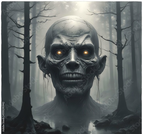 Illustration of spooky face with distopian environment.