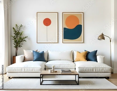 A modern living room with a white sectional sofa, wooden coffee table, and two abstract art prints on the wall featuring minimalist shapes and colors. photo