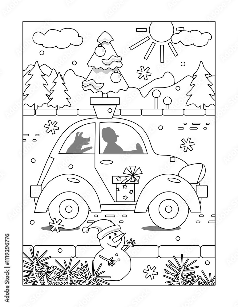 Fototapeta premium Delivering small and alive christmas tree on top of a car by the man and his dog friend. Cold winter day. Coloring page. Sign, poster, card. 