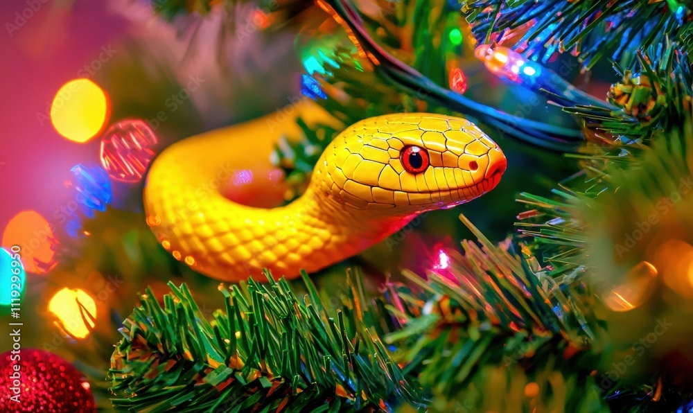 Fototapeta premium Yellow snake ornament on a Christmas tree. AI.