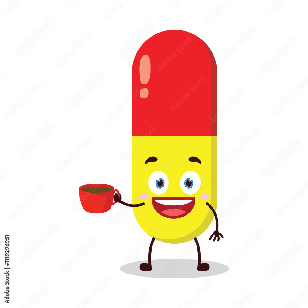 cute cheerful expression of drug capsule cartoon character carry cup of coffee cute cheerful expression of drug capsule cartoon character carry cup of coffee