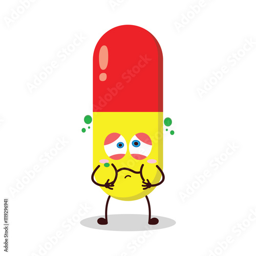 cute sick expression of drug capsule cartoon character