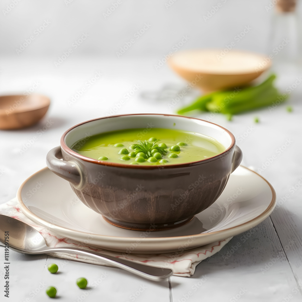 A bowl of creamy green pea soup, garnished with fresh herbs, showcasing a smooth A bowl of creamy green pea soup, garnished with fresh herbs, showcasing a smooth