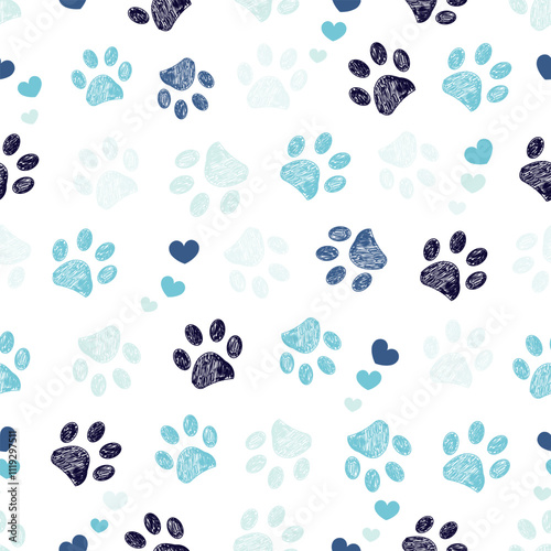 Blue colored doodle paw prints and hearts seamless fabric design pattern