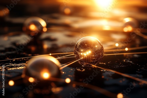 A collection of glowing, golden spheres connected by bright lines, representing a network of global connections and energy in a stylized, artistic composition.