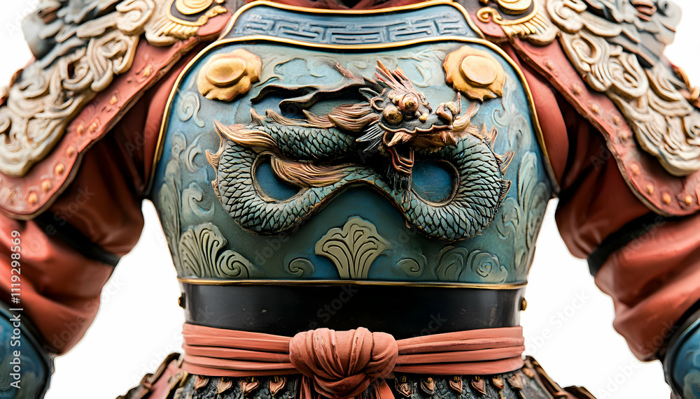 Fototapeta premium A detailed sculpture featuring a dragon motif on ornate armor.