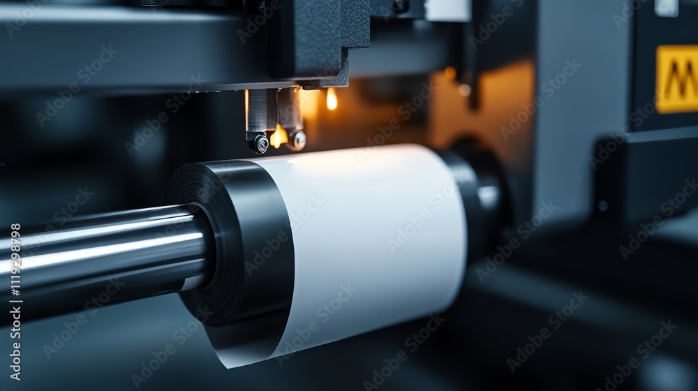 Close-up of industrial printer producing label on white isolate background. Close-up of industrial printer producing label on white isolate background.