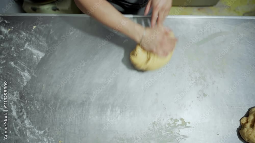 Baker kneading dough in the workshop Baker kneading dough in the workshop