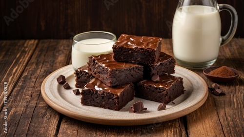 Homemade fudgy chocolate brownies on wooden with chocolate and milk background. photo