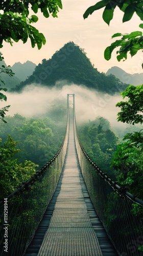 A serene suspension bridge leads through lush greenery towards a misty mountain backdrop.