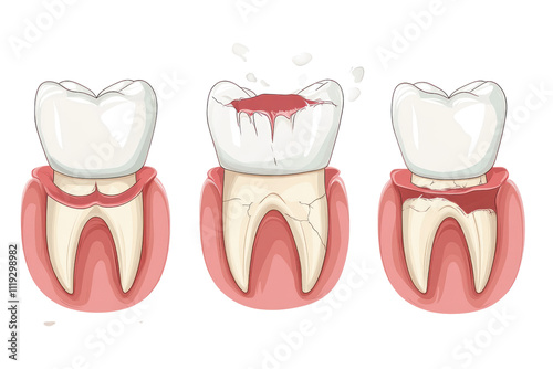 Tooth Decay Stages: A visual guide to the progression of tooth decay, showcasing three stages: healthy tooth, decayed tooth, and tooth with gum recession.   photo