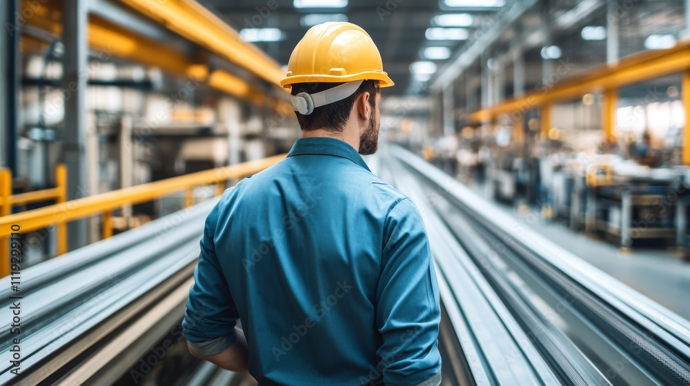 Male engineer inspects steel in factory warehouse Male engineer inspects steel in factory warehouse