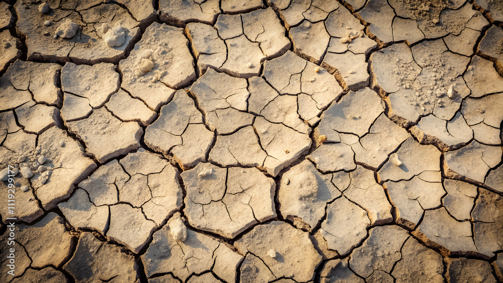 A cracked, dry earth surface, highlighting the effects of drought and lack of moisture, showcasing intricate patterns formed by soil erosion.