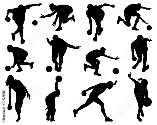 Bowling of people, silhouettes on a white background	