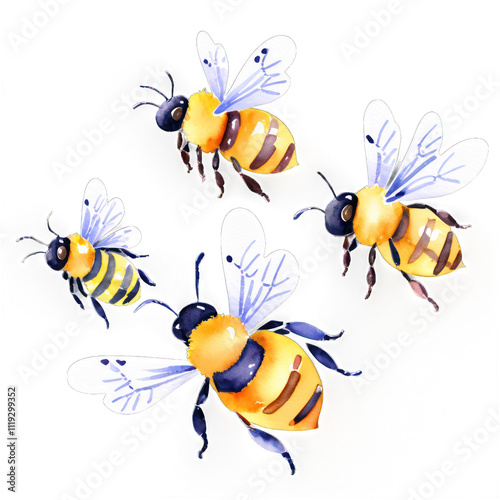 A colorful illustration of four bees with detailed wings and bodies.