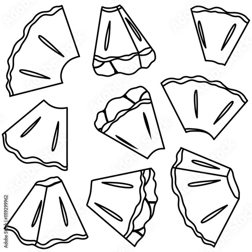 Set of lineart cutted pineapple fruit. Pineapple sections various angles and forms in outline style