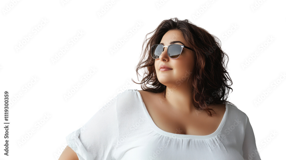 Confident and Chic: A portrait of a beautiful woman with natural makeup, wearing stylish sunglasses, and a white t-shirt, exudes confidence and effortless chic. Confident and Chic: A portrait of a beautiful woman with natural makeup, wearing stylish sunglasses, and a white t-shirt, exudes confidence and effortless chic.
