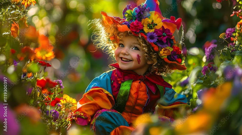 4. A child with a unique, colorful outfit and an exuberant smile playing in a garden