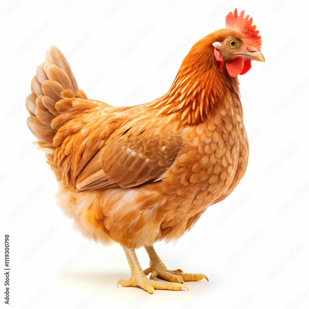 Fototapeta premium A hen displayed on a white background, showcasing its soft feathers and characteristic