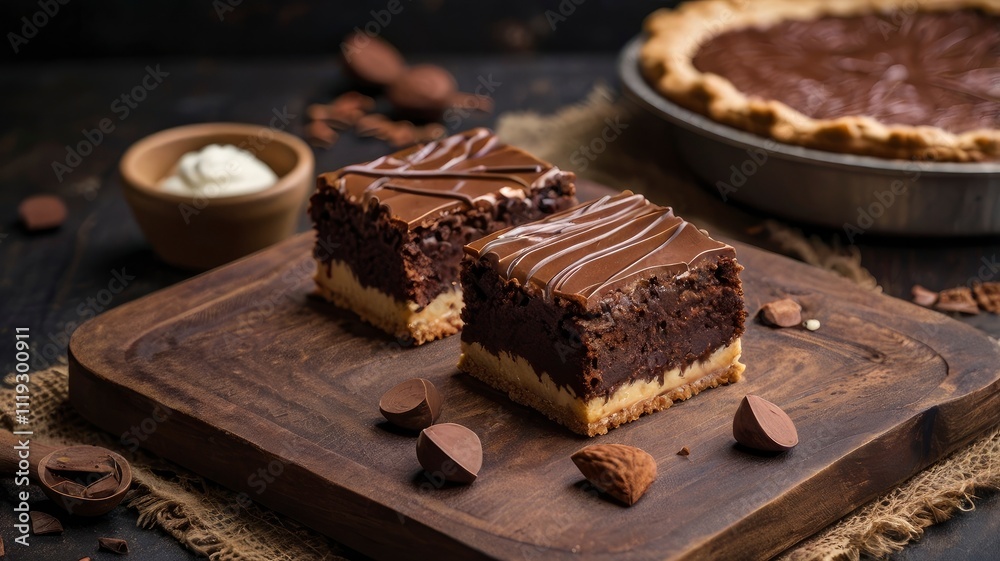 Wooden board with fresh brownies on table. Delicious chocolate pie