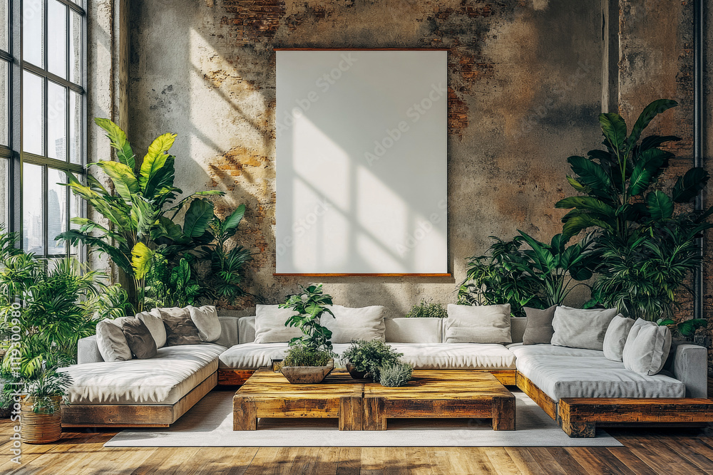 Sunlit industrial loft with lush greenery and cozy modern furniture Sunlit industrial loft with lush greenery and cozy modern furniture