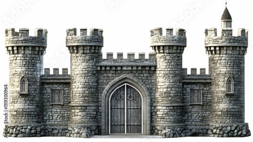 A detailed stone castle with towers and a large wooden gate. photo