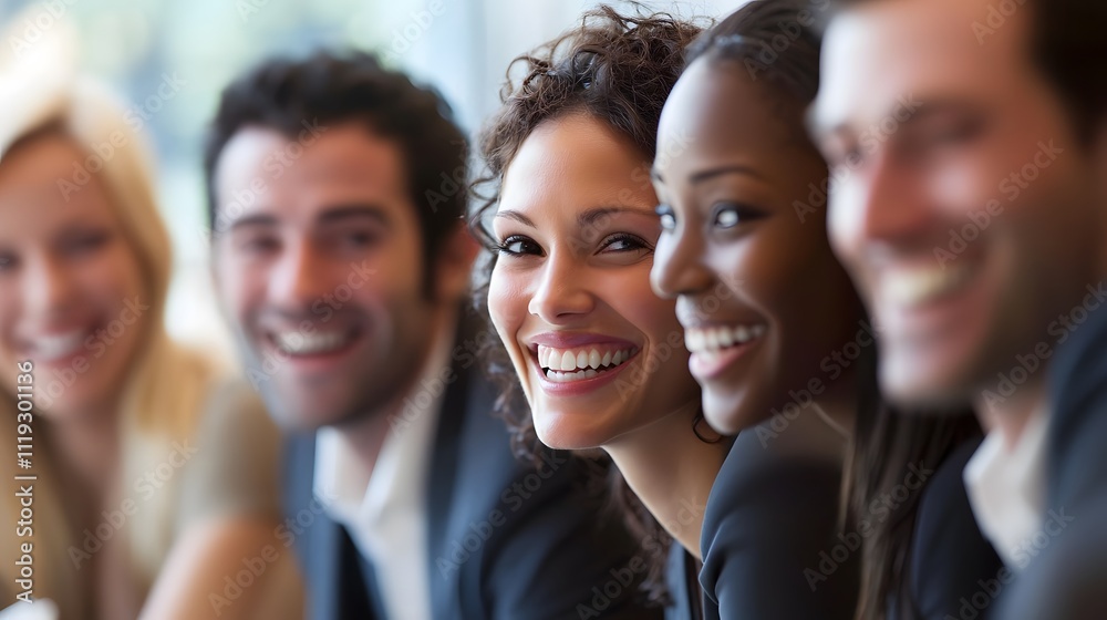 8. A group of coworkers with varied styles and expressions, all sharing smiles during a team-building event