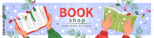 Layout design for bookshop, bookstore or library. Books with winter decor. Vector illustration for poster, cover, marketing, sale.
