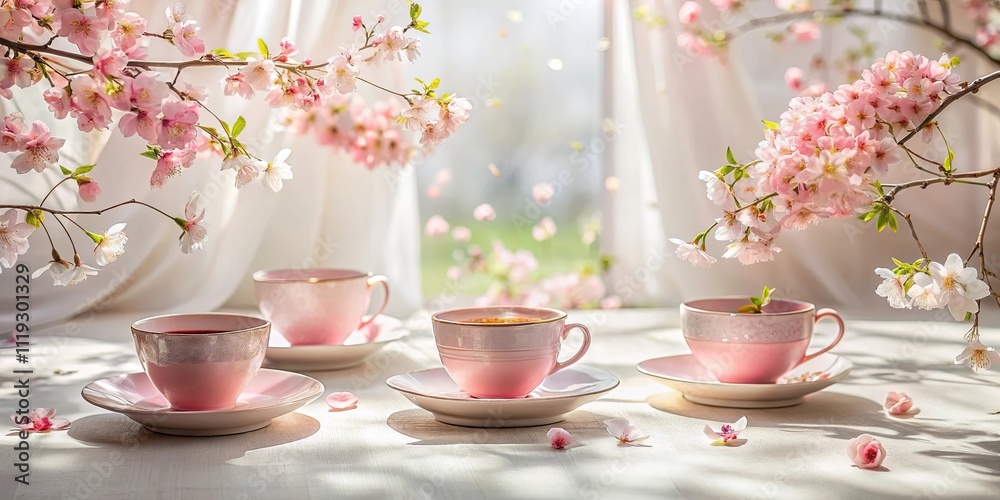 A serene springtime tea party setting with delicate pink blossoms and teacups A serene springtime tea party setting with delicate pink blossoms and teacups