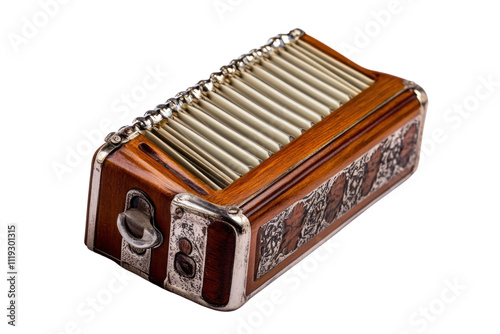 Vintage Accordion: A meticulously detailed image showcasing a classic wooden accordion with ornate silver detailing.  The rich wood tones and intricate craftsmanship create a captivating visual. photo