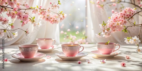 A serene springtime tea party setting with delicate pink blossoms and teacups