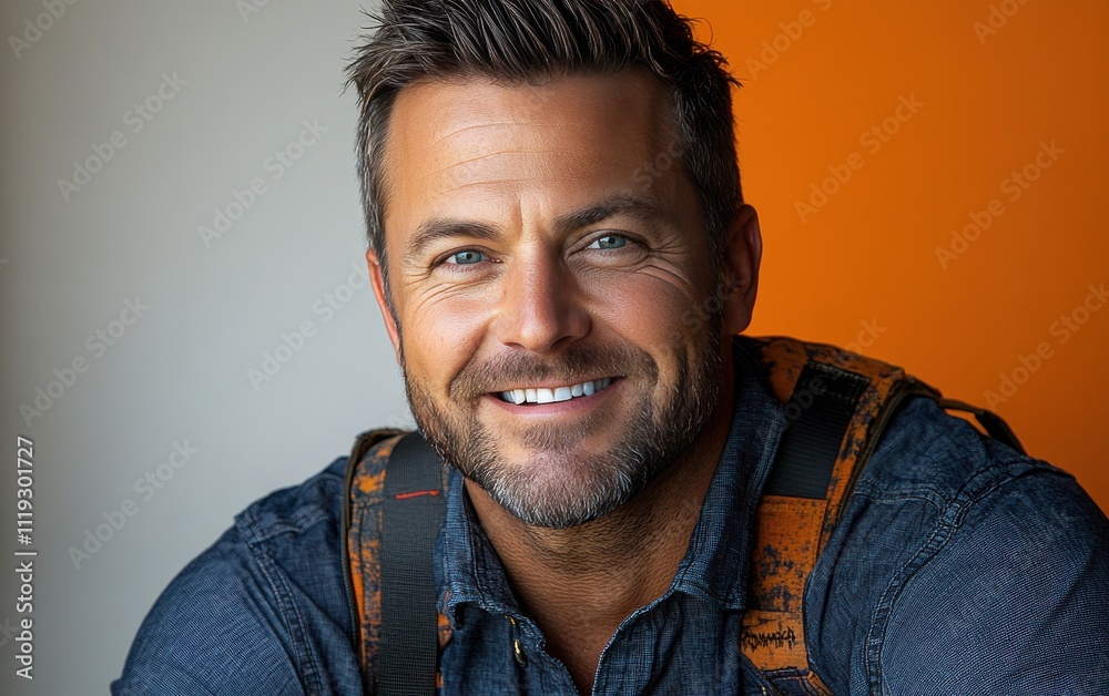 Fototapeta premium A man with a smile on his face is wearing a pink shirt