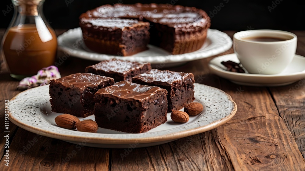 Wooden board with fresh brownies on table. Delicious chocolate pie Wooden board with fresh brownies on table. Delicious chocolate pie