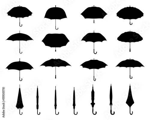 Black silhouettes of open and closed umbrellas on a white background	