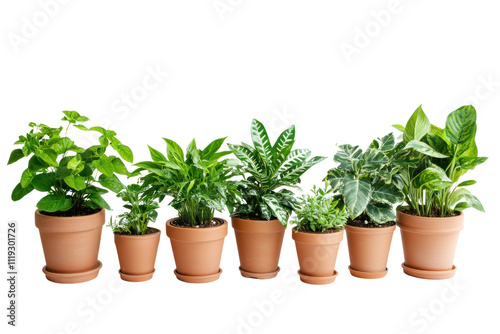 Houseplants in terracotta pots, creating earthy ambiance, perfect for traditional decor, isolated on transparent and white background.PNG image 