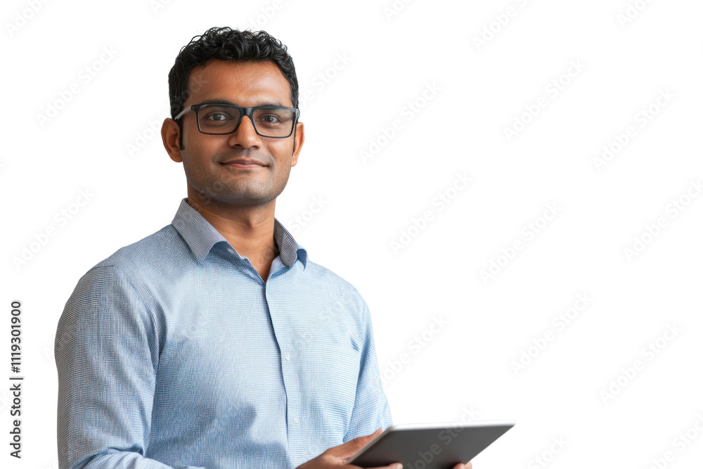 Indian corporate worker with tablet in modern tech-driven office,isolated on transparent and white background.PNG image Indian corporate worker with tablet in modern tech-driven office,isolated on transparent and white background.PNG image