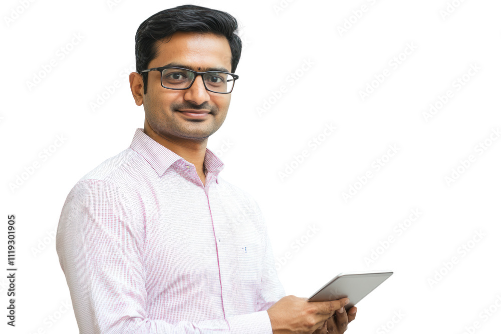 Indian corporate worker with tablet in modern tech-driven office,isolated on transparent and white background.PNG image Indian corporate worker with tablet in modern tech-driven office,isolated on transparent and white background.PNG image