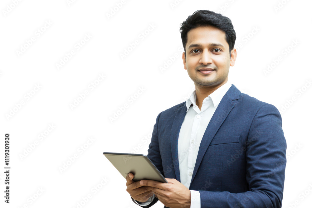 Indian corporate worker with tablet in modern tech-driven office,isolated on transparent and white background.PNG image Indian corporate worker with tablet in modern tech-driven office,isolated on transparent and white background.PNG image