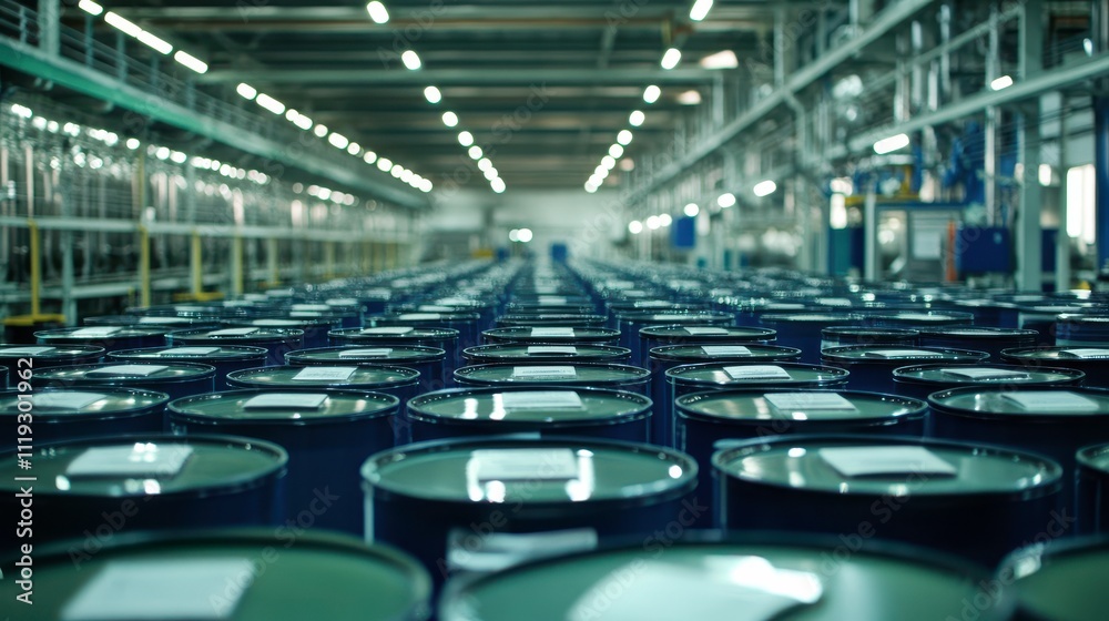 Fototapeta premium Industrial Warehouse with Rows of Storage Barrels