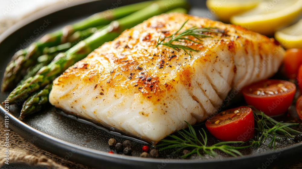 Grilled cod fillet served with steamed asparagus, cherry tomatoes, and lemon slices, garnished with fresh dill for healthy and flavorful meal Grilled cod fillet served with steamed asparagus, cherry tomatoes, and lemon slices, garnished with fresh dill for healthy and flavorful meal