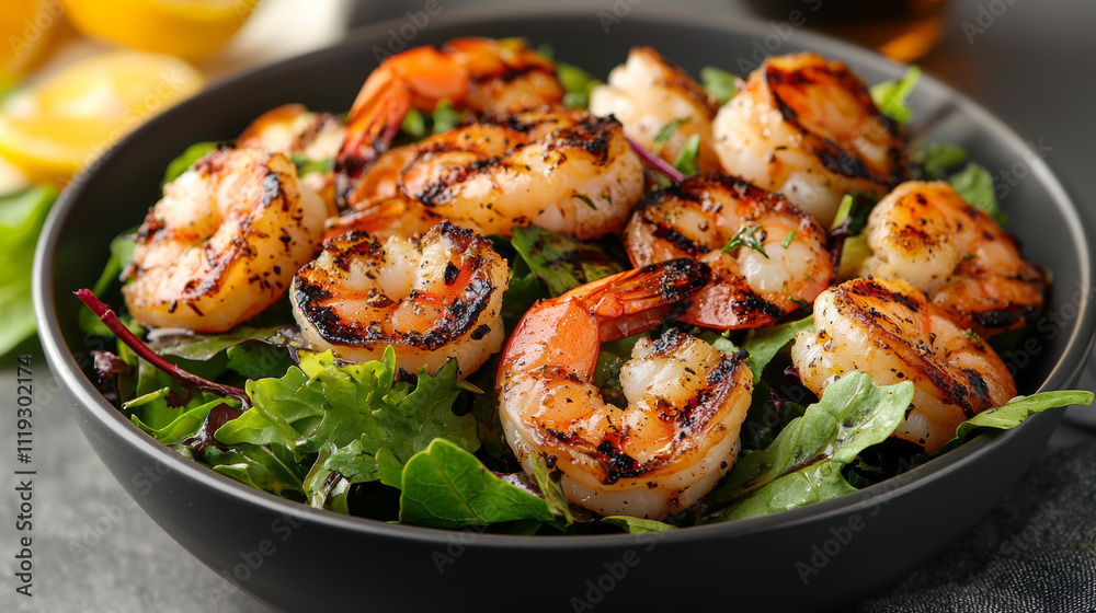 Grilled shrimp served on bed of mixed greens with citrus vinaigrette, creating fresh and flavorful dish perfect for light meal or appetizer Grilled shrimp served on bed of mixed greens with citrus vinaigrette, creating fresh and flavorful dish perfect for light meal or appetizer